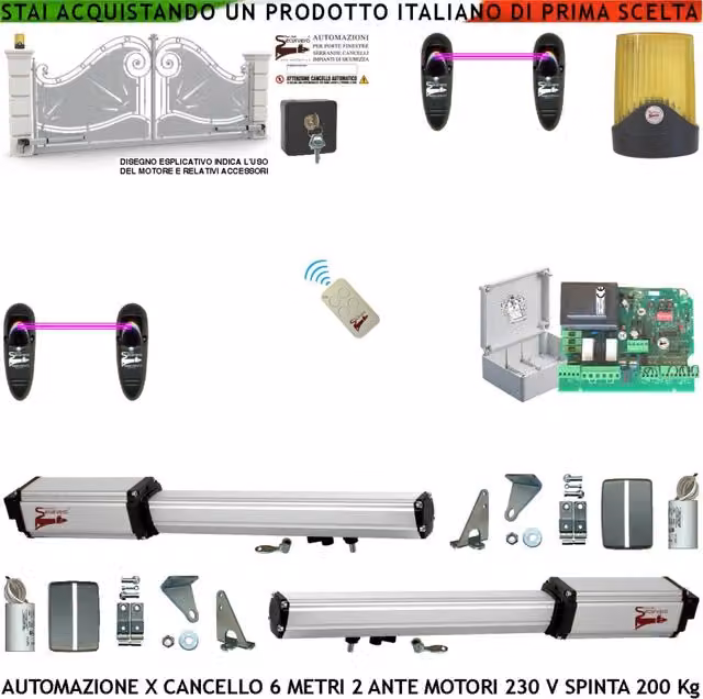 Cancello Elettrico 6 Metri 2 Ante Kit Base 2 Motori Elettromeccanici 220 V Corsa 500 mm Spinta 2 Q.li Centrale Con Radio 2 Coppie di Fotocellule Radiocomando RC Faro 2 Chiavi Sblocco Cartello Monitore