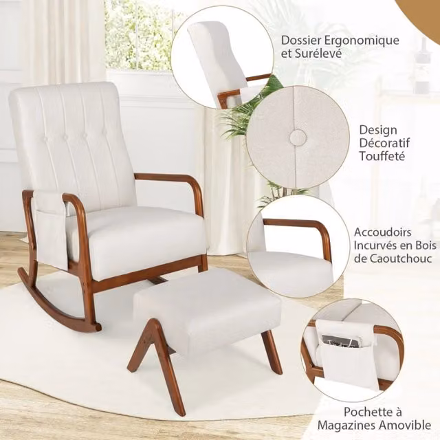 Poltrona a dondolo con schienale e pouf, set 2 pezzi, struttura in legno di hevea beige, ergonomica, imbottita, con tasca laterale, per casa e relax