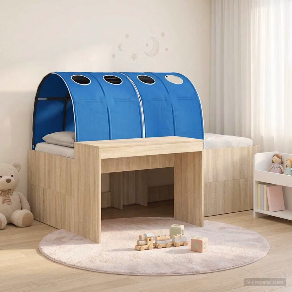 Letto per bambini con tunnel vidaXL in legno ingegnerizzato, Colore Blu, Beige e Marrone, L/P/H: 203 x 90 x 142 cm