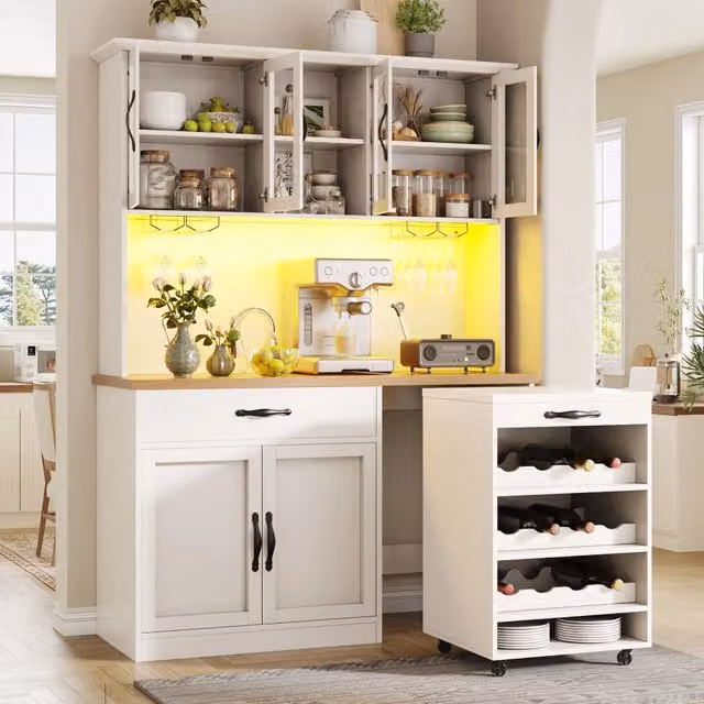 Mobile colonna da cucina con carrello estraibile LED dimmerabile portabottiglie per 9 bottiglie 140 × 38 × 180 cm