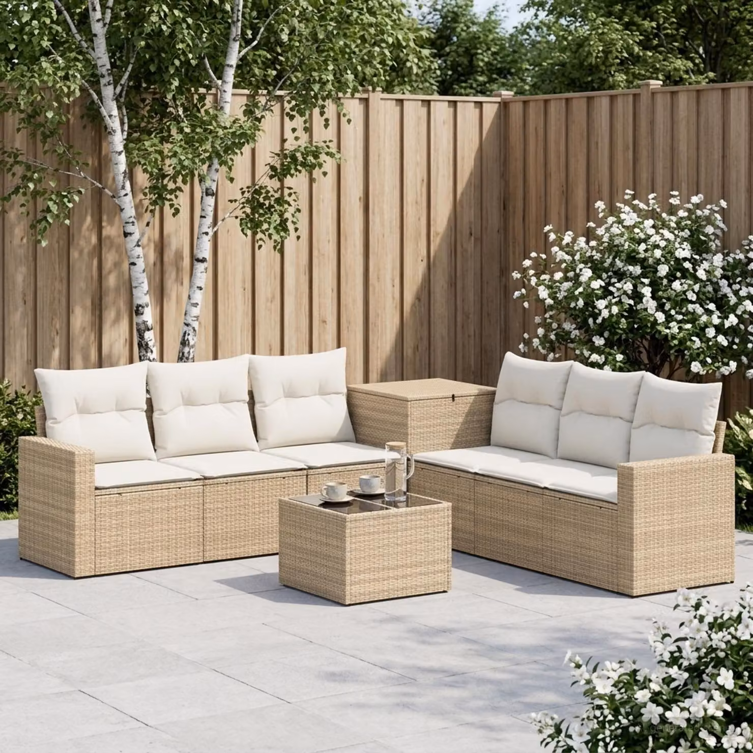 Set di divani da giardino vidaXL a forma di U in polyrattan con tavolino e cuscini, Beige e Bianco