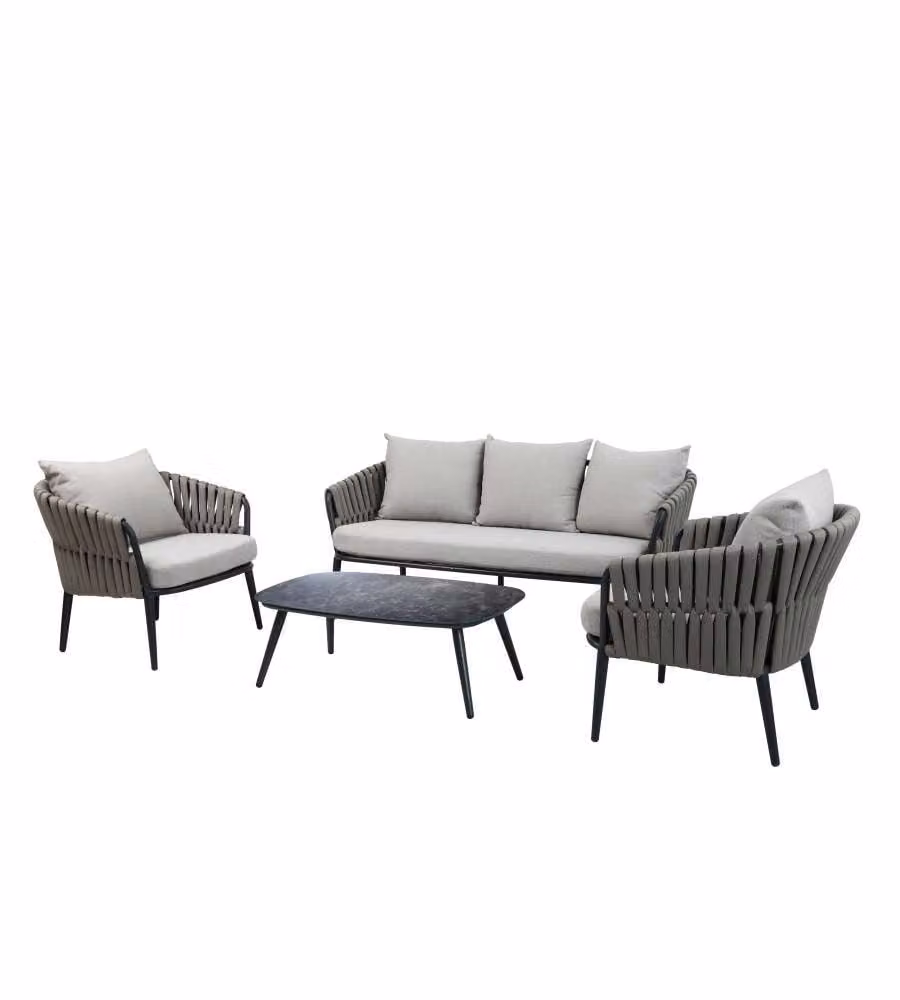 Set da giardino Domo Mea in alluminio antracite con divano a 3 posti, 2 poltrone, tavolino e cuscini in tessuto olefin