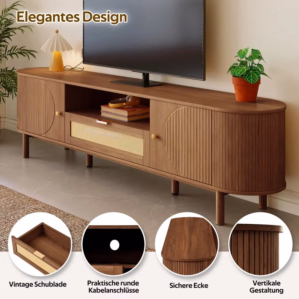 Mobile TV REDOM in MDF color noce con ante semicircolari e cassetti, L 175 cm x P 36 cm x H 51 cm – 2