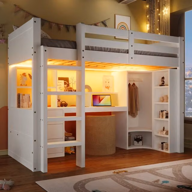 Letto a soppalco 90 × 200 cm con scrivania, armadio, 3 cassetti e luci LED, senza materasso, bianco