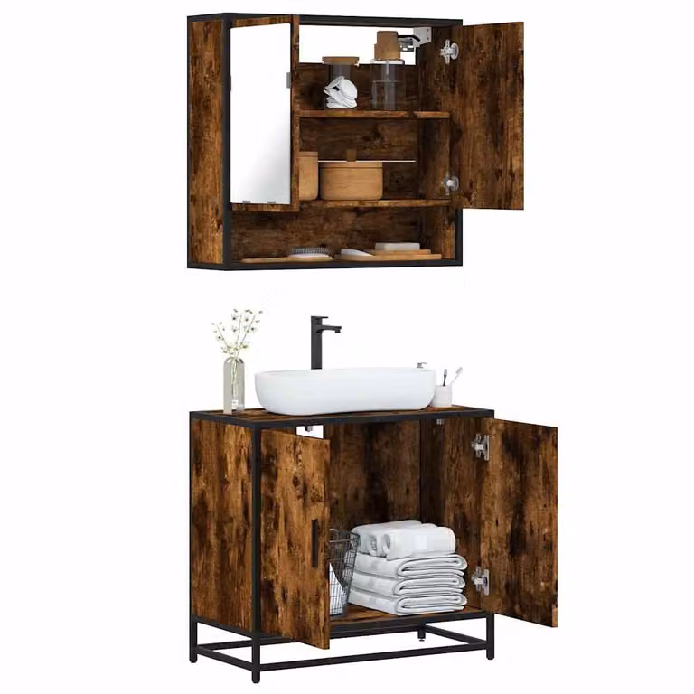 Set di mobili da bagno vidaXL in stile industriale composto da mobile lavabo e armadietto con specchio in legno e metallo marrone L/P/H: 65 x 33 x 60 cm