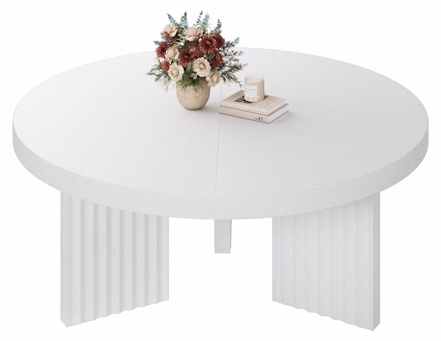Tavolino da caffè rotondo, diametro 85 cm, con gambe scanalate, stile moderno, ideale per il soggiorno, realizzato in MDF, finitura bianca strutturata (codice prodotto: 8211-YC)