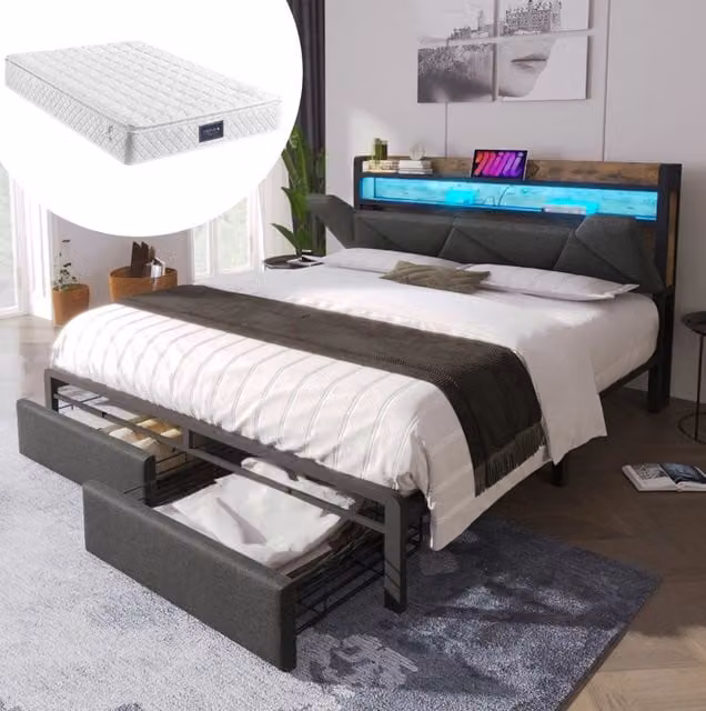 Letto 160x200 cm con LED; USB e Type-C; testiera contenitore; 2 cassetti; lino; grigio