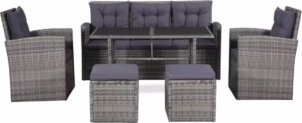 Set Divani da Giardino 6 pz con Cuscini in Polyrattan Grigio