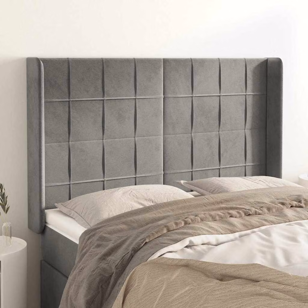Testiera ad orecchio vidaXL in velluto grigio chiaro con struttura in legno e MDF, L: 147 cm, P: 16 cm, H: 118-128 cm
