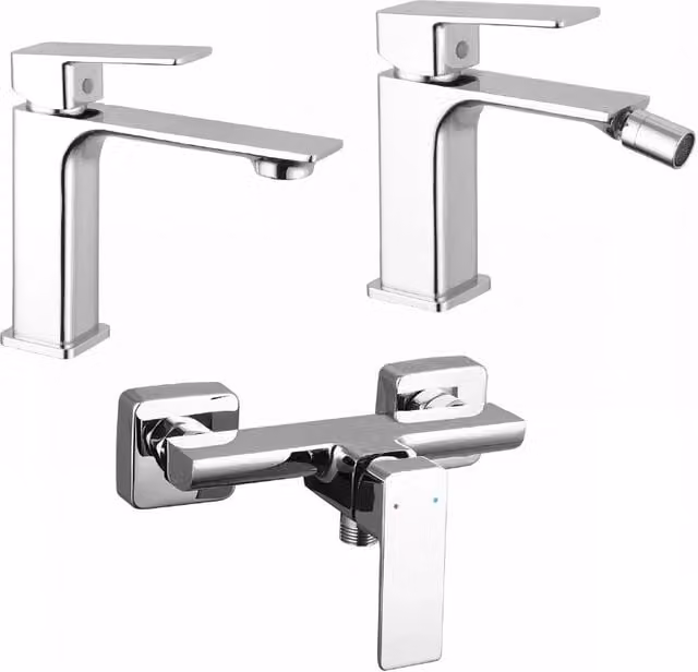 Set di miscelatori Ingrid Parama in ottone cromato per lavabo, bidet senza scarico ed esterno doccia con doppia manopola e tecnologia water saving