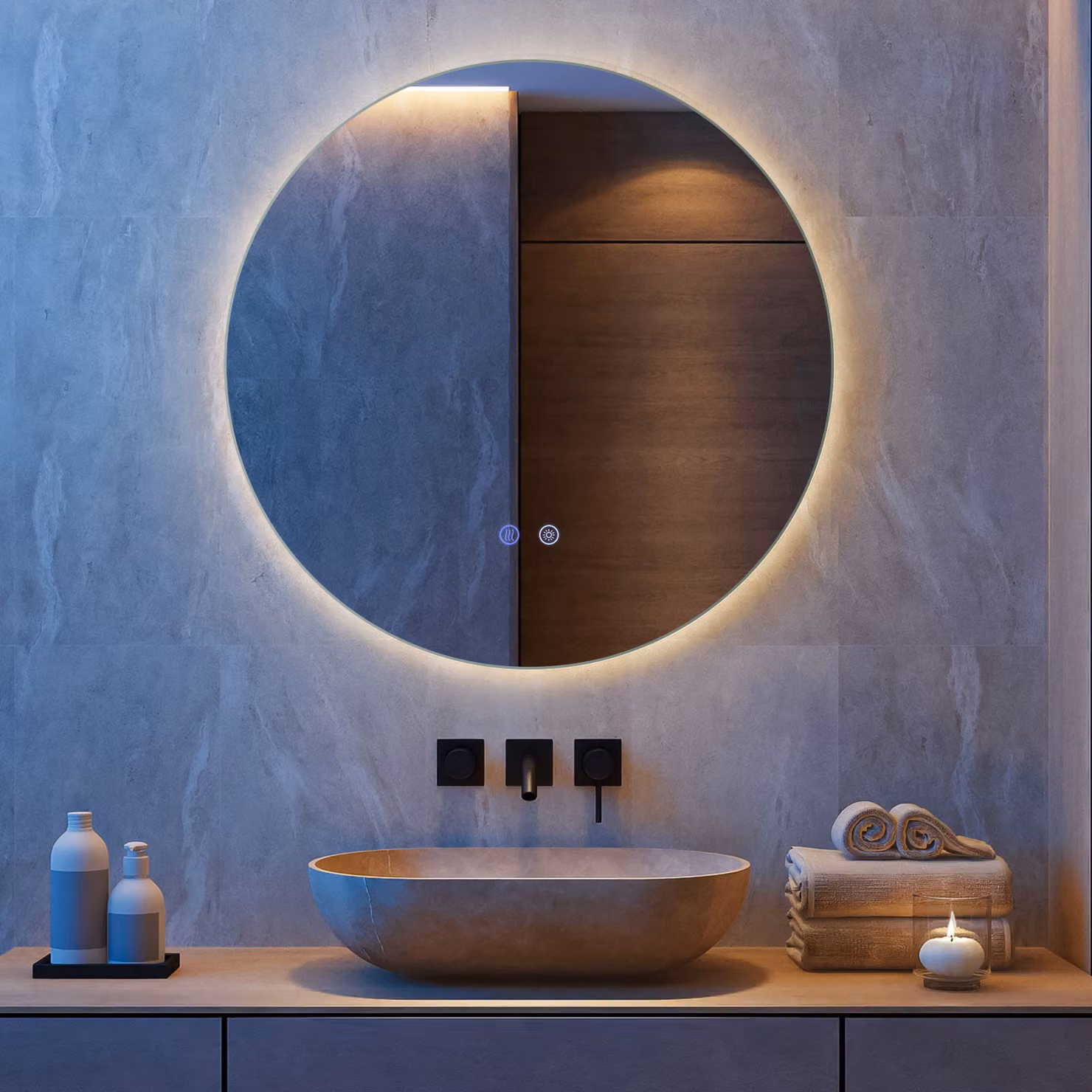 Specchio da bagno rotondo Costway con illuminazione LED regolabile, retroilluminato in vetro temperato con funzione anti-appannamento e memoria, colore bianco, diametro 60 cm