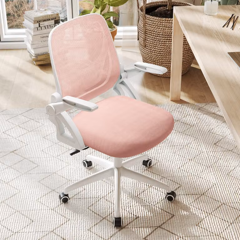 Sedia da scrivania ergonomica Costway in rete con supporto lombare, braccioli ribaltabili e base girevole, Rosa