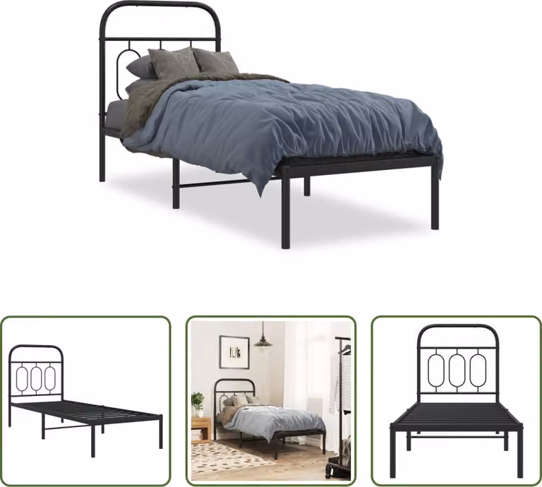 The Living Store Struttura letto con testiera in metallo nero 75x190 cm