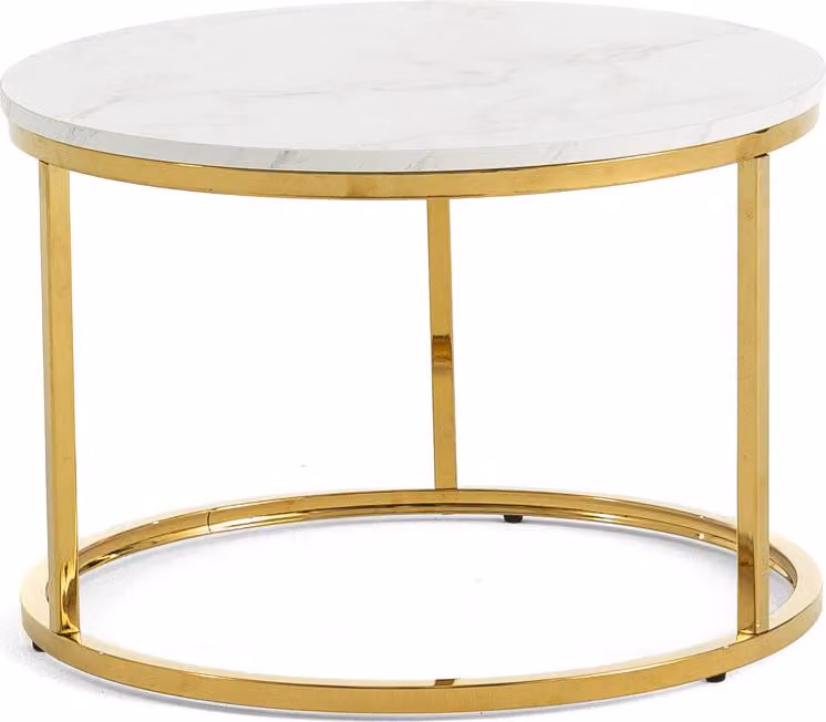 Tavolino rotondo Ø60 cm con struttura in metallo cromato e piano in melamina effetto marmo bianco, tavolino moderno per soggiorno, zona giorno, ingresso e camera da letto – OLEK
