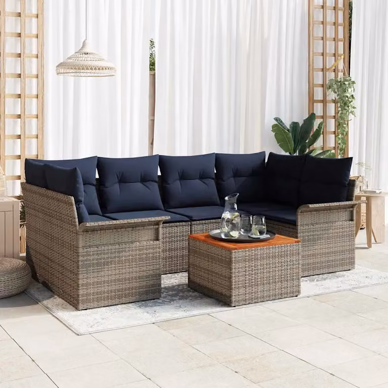 Set Divano da Giardino a L vidaXL 7 pz Grigio con Cuscini e Tavolino in Polyrattan e Acciaio