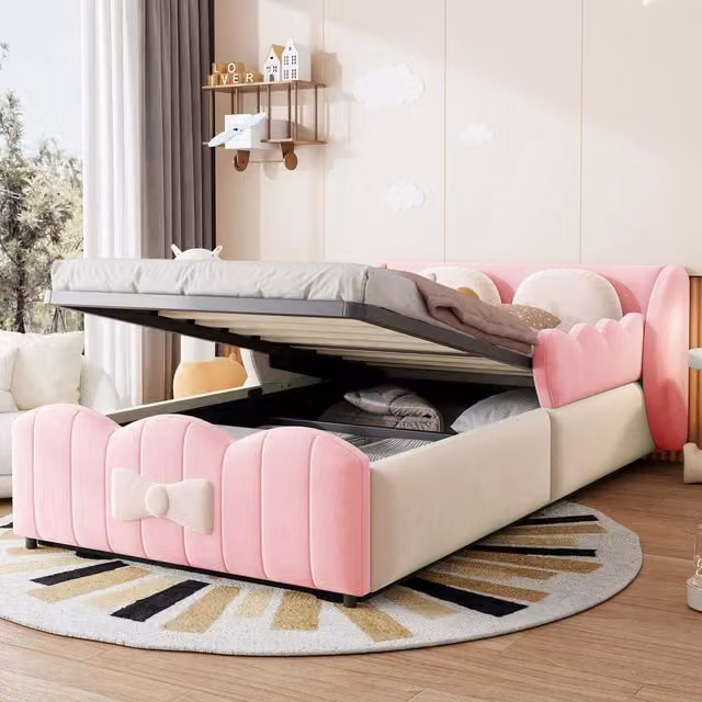 Letto imbottito moderno in velluto rosa con vano contenitore idraulico L: 120 cm, P: 200 cm, H: 212 cm