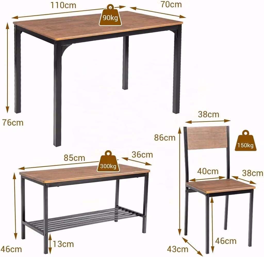 Set da Pranzo Costway in Stile Industrial con Tavolo Rettangolare, 2 Sedie e 1 Panca, Colore Marrone – 2