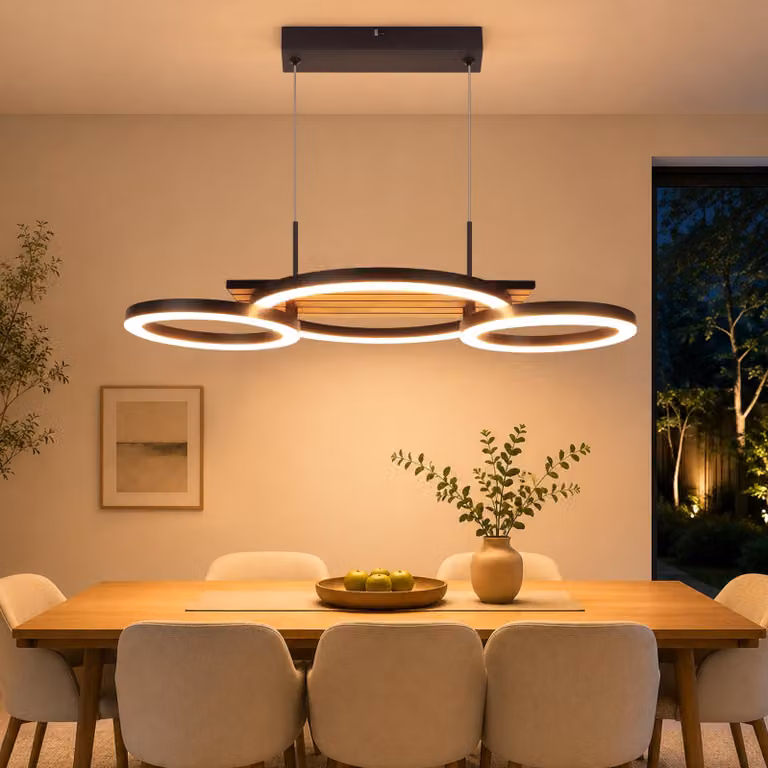 Lampada a sospensione ZMH, ideale per la sala da pranzo, con tecnologia LED. Lampada a sospensione da 58 cm, finitura nera effetto legno. Lampada a sospensione moderna con 3 anelli, temperatura di colore 3000K, adatta per la sala da pranzo o la cucina