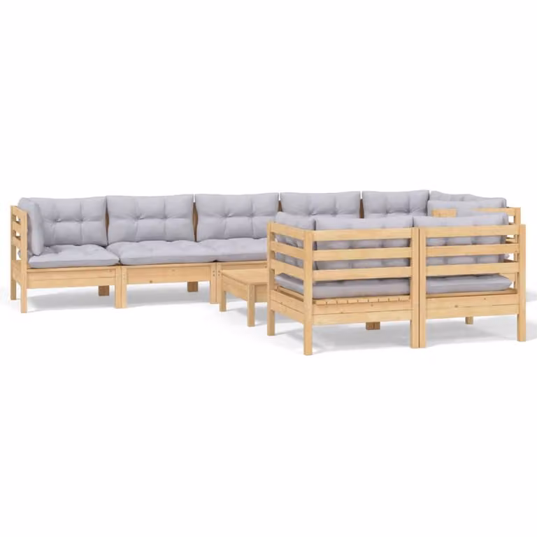 Set Divani da Giardino 9 pz con Cuscini Grigi Massello di Pino