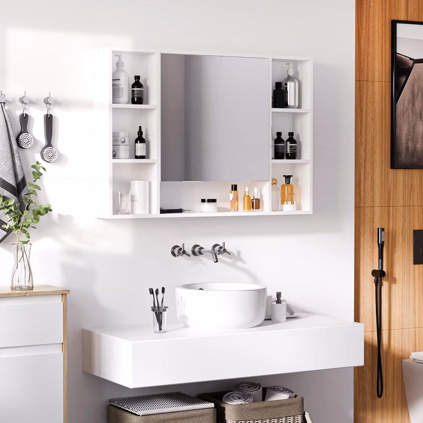 Mobiletti da bagno con specchio - Specchiera - Mobile a parete - Contenitore portaoggetti - Arredo bagno - Bianco