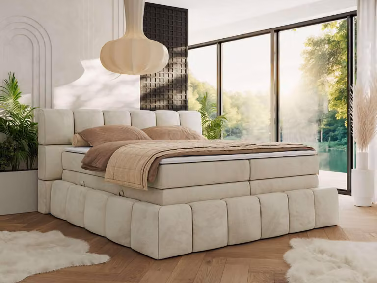 MKS MEBLE letto a molle 140 x 200 con cassetto NIRA KING, letto imbottito con materasso a 7 zone e topper, letto matrimoniale - Velluto beige - H4