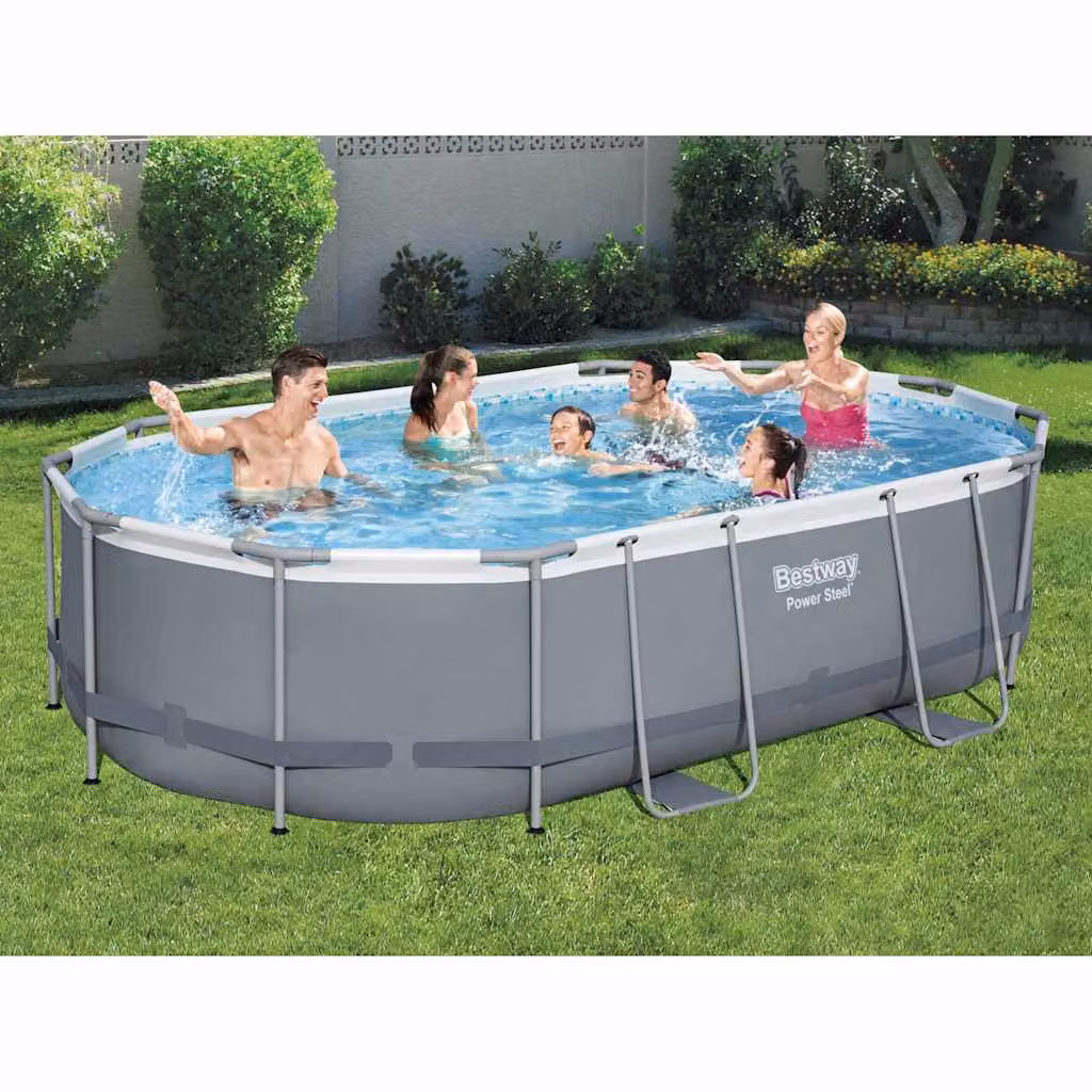 Set Piscina Ovale Bestway Power Steel con Telaio in Metallo e Accessori, Grigio, L: 488 cm, P: 305 cm, H: 107 cm