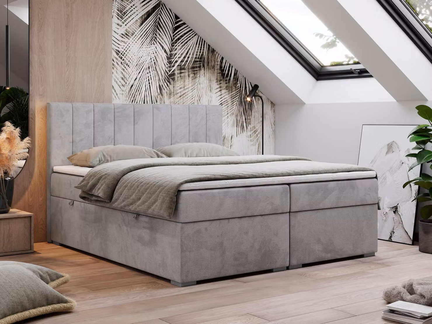 Letto boxspring 200x200, letto 200x200 con materasso e topper, letto boxspring con cassetti, letto matrimoniale - LOPE - 200x200 - Grigio chiaro - Velvet - H3