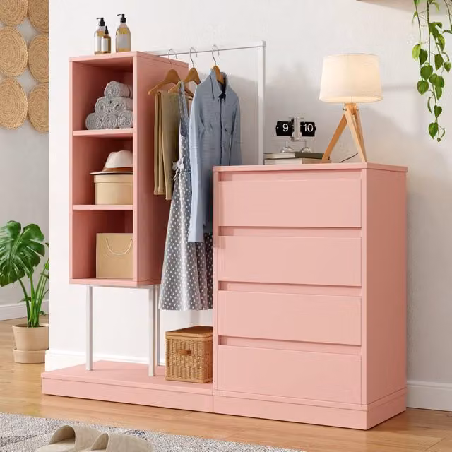 Guardaroba con 4 cassetti 3 ripiani aperti e barra appendiabiti in pannello di particelle rosa bianco 100 × 40 × 135 cm