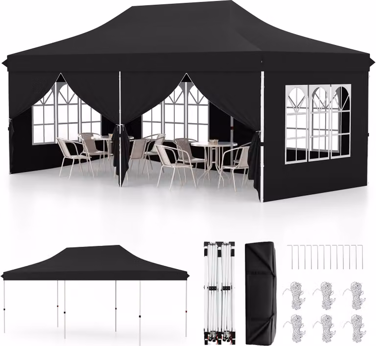 Gazebo pieghevole COSTWAY 3x6m con 6 pareti laterali rimovibili, borsa di trasporto, gazebo idrorepellente regolabile in altezza, protezione UV 50+ nero
