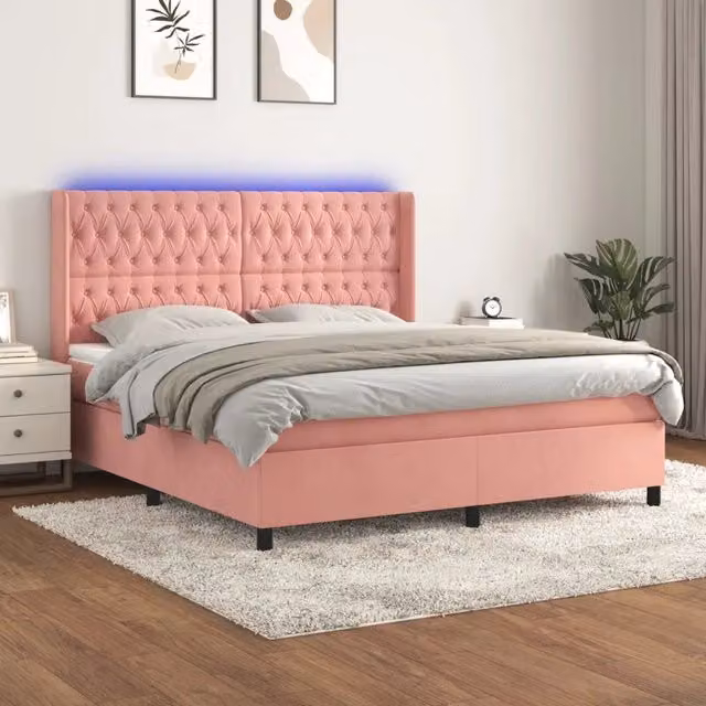Letto matrimoniale con materasso ibrido vidaXL in velluto rosa e bianco con illuminazione LED sottostante e porta USB L/P/H: 180 x 200 x 128 cm – 1