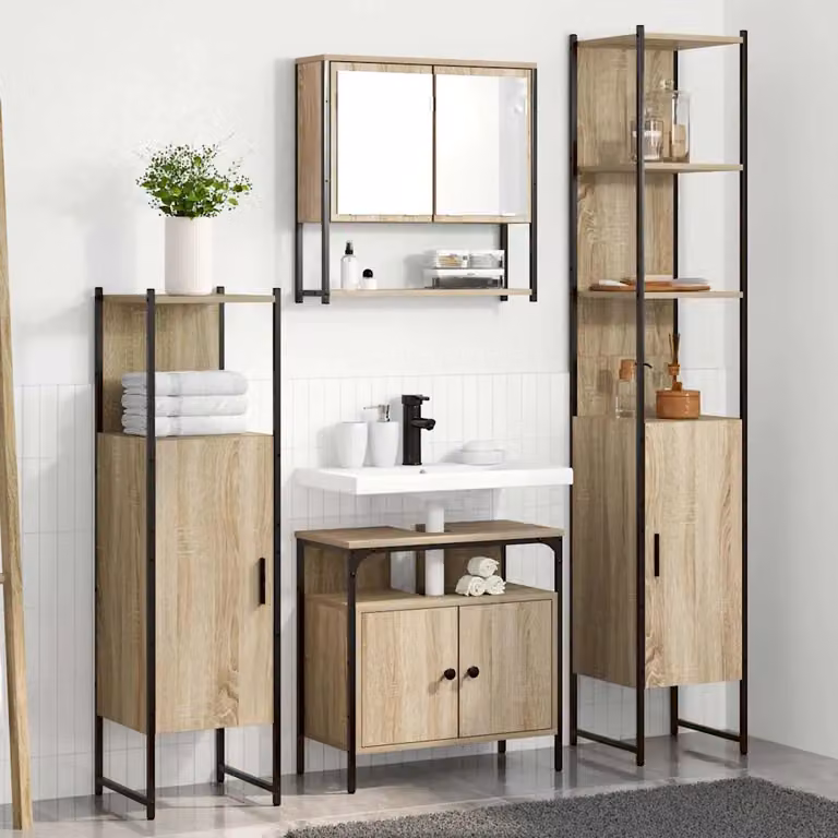 Set di mobili da bagno moderno vidaXL in legno e MDF marrone e nero con armadietto a specchio, mobile lavabo e pensile a parete