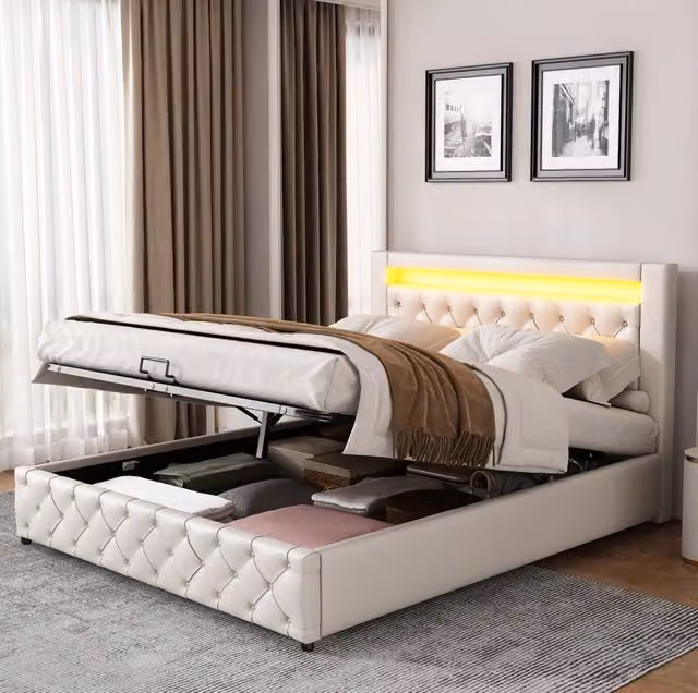 Letto imbottito 140x190 cm con contenitore idraulico e LED in PU bianco