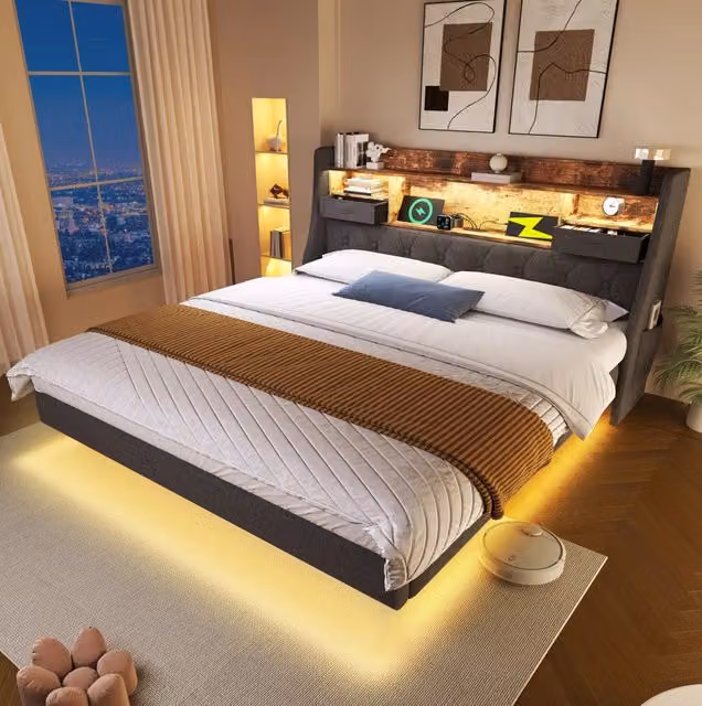Letto matrimoniale MODFU in lino grigio con illuminazione LED, testiera con ripiani portaoggetti e ricarica USB, L/P: 140 x 190 cm