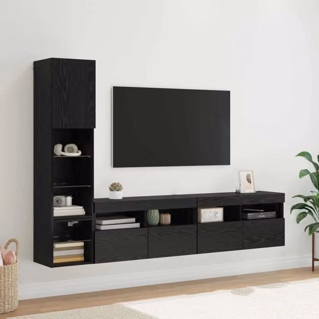 Unità TV da Parete 4 pz Rovere Nero Legno ingegnerizzato 3402967