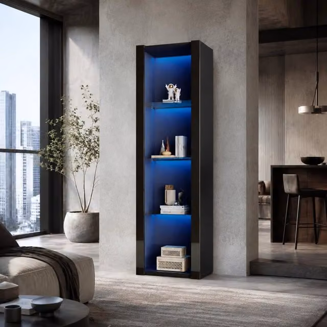 Vetrina Mivray moderna in truciolare nero lucido con ante in vetro, 3 ripiani in vetro e illuminazione LED integrata, L: 55 cm, P: 38 cm, H: 166 cm