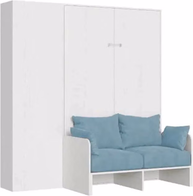 Letto matrimoniale a scomparsa Kentaro Kivio con divano e colonna, Bianco frassino e Azzurro, L/P: 140 x 190 cm – 1