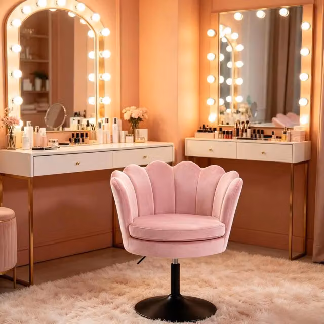 Sedia da trucco girevole 61,5x65x71-83 cm rosa, altezza regolabile, velluto e metallo
