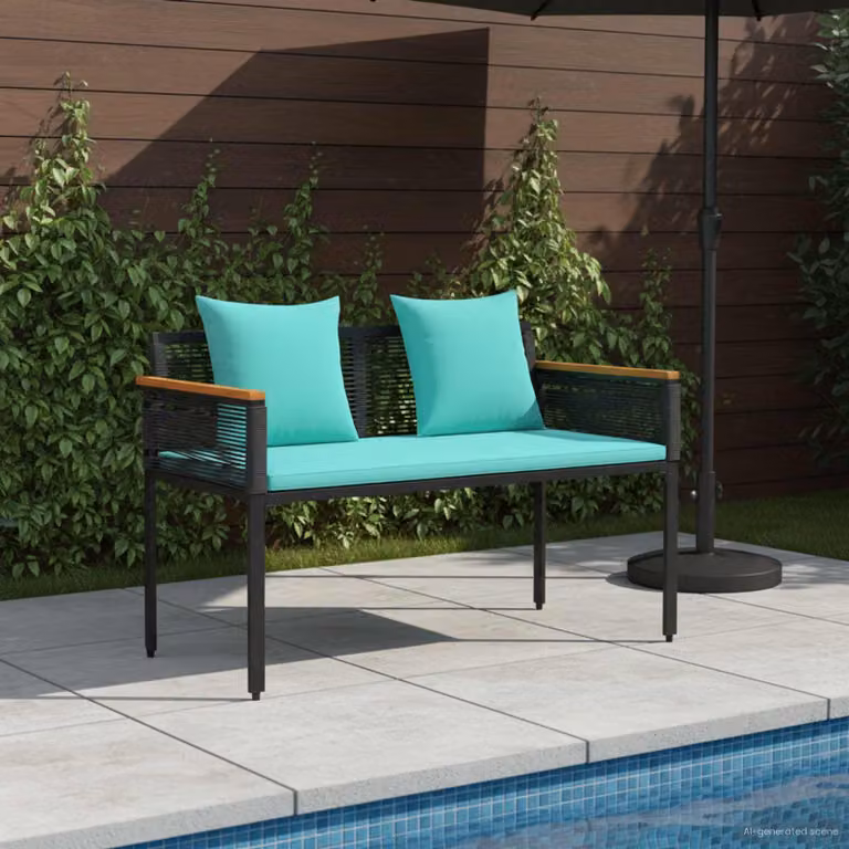 Panchina da esterno a 2 posti vidaXL in polyrattan con cuscini, colori nero e turchese, L: 117 cm, P: 54 cm, H: 74.5 cm