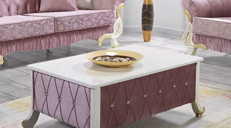 Casa Padrino Tavolino barocco rosa / bianco / oro 100 x 64 x h. 43 cm - Tavolino da salotto in stile barocco con pietre scintillanti - Mobili barocchi
