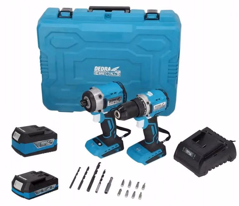 Set di utensili a batteria DEDRA 18 V: trapano avvitatore, avvitatore a percussione, batterie e caricabatterie