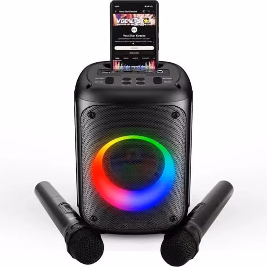 Impianto di karaoke con altoparlante Bluetooth da 60W ricaricabile nero con 2 microfoni e funzione registrazione e connessione TV