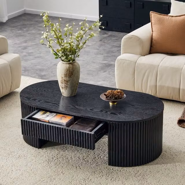 Tavolino basso fisso ovale con cassetto estraibile in MDF nero effetto legno e rivestimento laterale scanalato