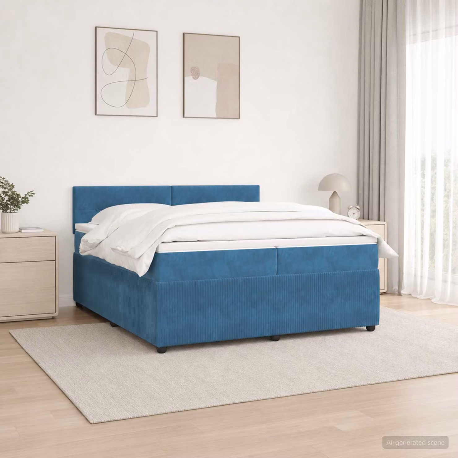 Letto box spring con materasso ibrido vidaXL in velluto blu, con illuminazione sottostante e porta USB, L/P: 200 x 200 cm