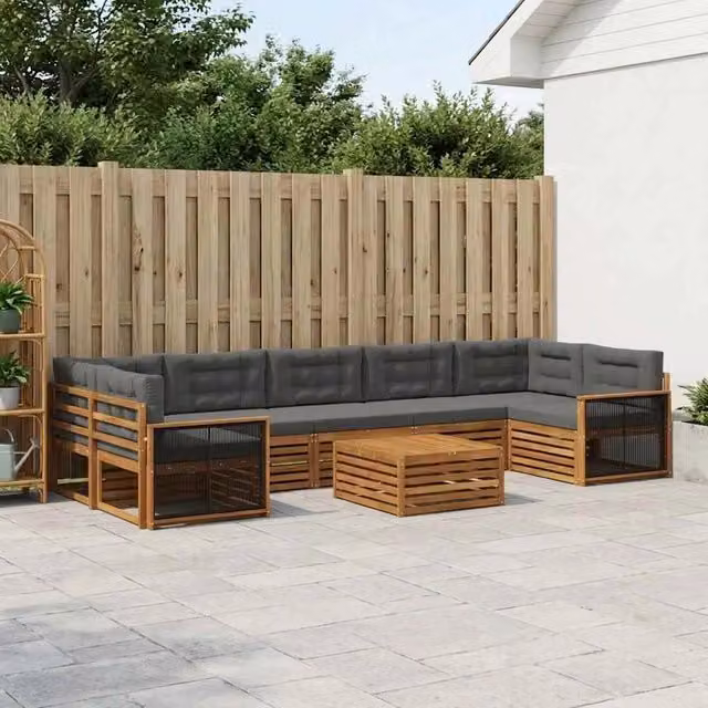 Set di divani da esterno a L con tavolino vidaXL in legno di acacia, beige e antracite, 8 pezzi – 1