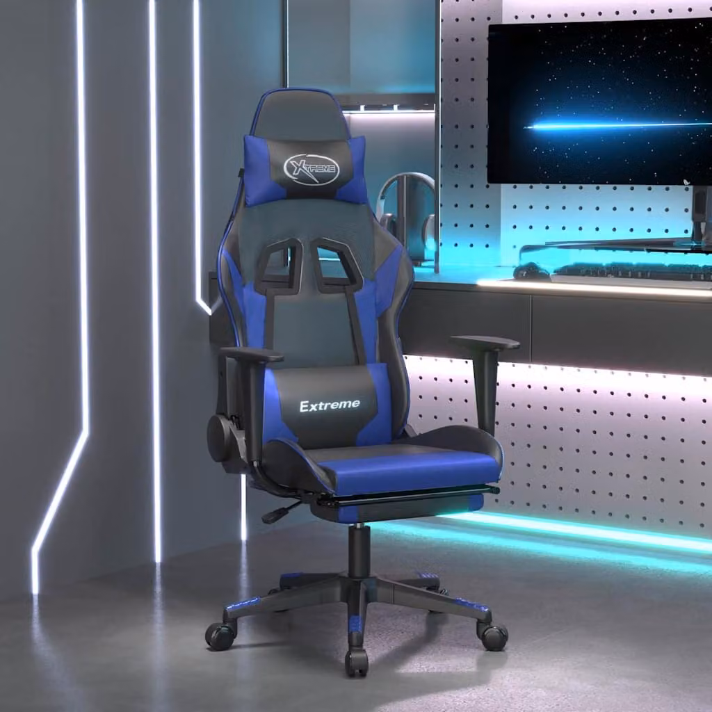 Sedia da Gaming vidaXL con Poggiapiedi e Massaggio, Similpelle Nero e Blu