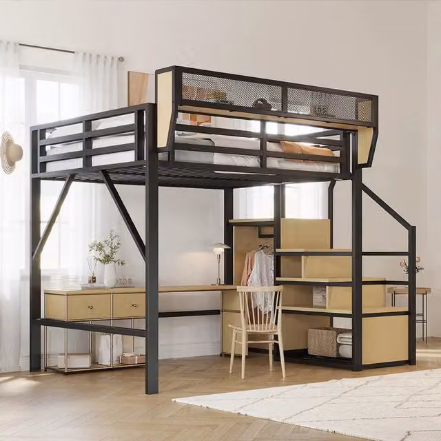 Letto a Castello 140x200 – Xylo – Metallo per Adulti/Bambini, Scala Sicurezza, Ripostiglio Flessibile, Nero