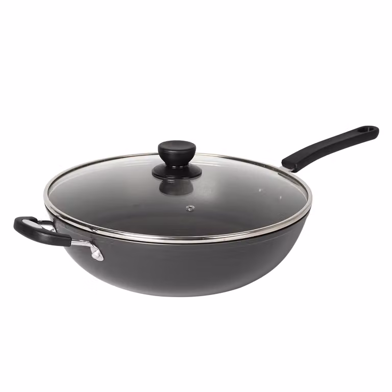 Padella Wok Gusto Casa Linea Black Crown in alluminio pressato con coperchio in vetro, diametro: 32 cm, colore nero, antiaderente