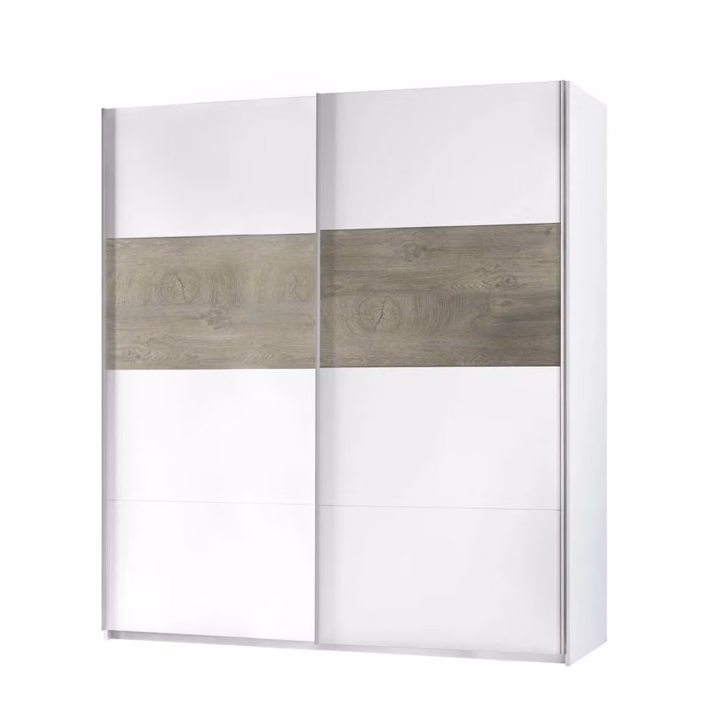 Armadio per camera da letto DMORA Ainu con 2 ante scorrevoli, barra appendiabiti e ripiani interni, Bianco e Rovere, L: 180 cm, P: 60 cm, H: 200 cm – 2