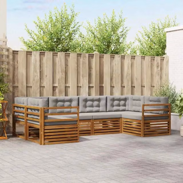 Set di divani da esterno a L vidaXL in legno di acacia con cuscini grigi – 1