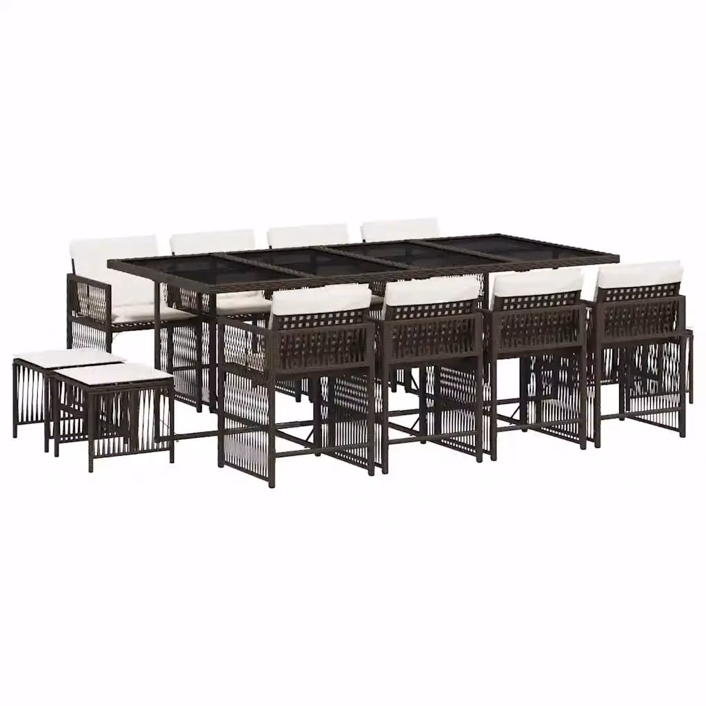 Set da pranzo da giardino vidaXL in polyrattan marrone con cuscini bianchi e tavolo in vetro, 13 pezzi – 2